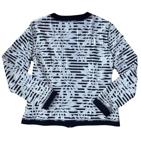 Joseph Ribkoff Full Zip Vinyl Shimmer Striped Floral Jacket Black White Size 12 - Picture 3 of 15